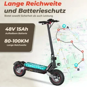 10 Zoll E Scooter mit Straßenzulassung für Erwachsene, max. 20 km/h Geschwindigkeit, 80-100 KM Reichweite, 48V 15Ah, Lange Reichweite,Maximale Belastung 150kg, Geländetauglicher Elektroroller, Faltbarer E Scooter mit Straßenzulassung, 4 Stoßdämpfer Design, 500W Birstenloser Motor