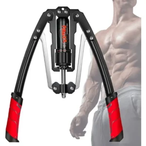 Verstellbarer Hydraulischer Brusttrainer mit Armtrainingsgerät - Hochbelastbares 10-200kg/22-440lbs Widerstandssystem inkl. Doppel-Federmechanismus, Verriegelungsfunktion & Polster für Fitnessstudio, Muskelaufbau Armbau (Schwarz)