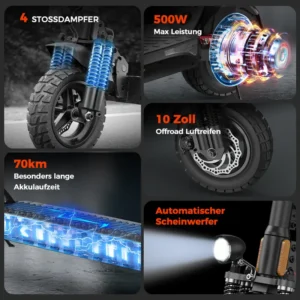 E Scooter mit Straßenzulassung, Klappbarer Elektroscooter，10-Zoll Luftreifen für Offroad-Elektroroller，60-75 km Reichweite，4 Stoßdämpfer，Höherwertiger E Roller.